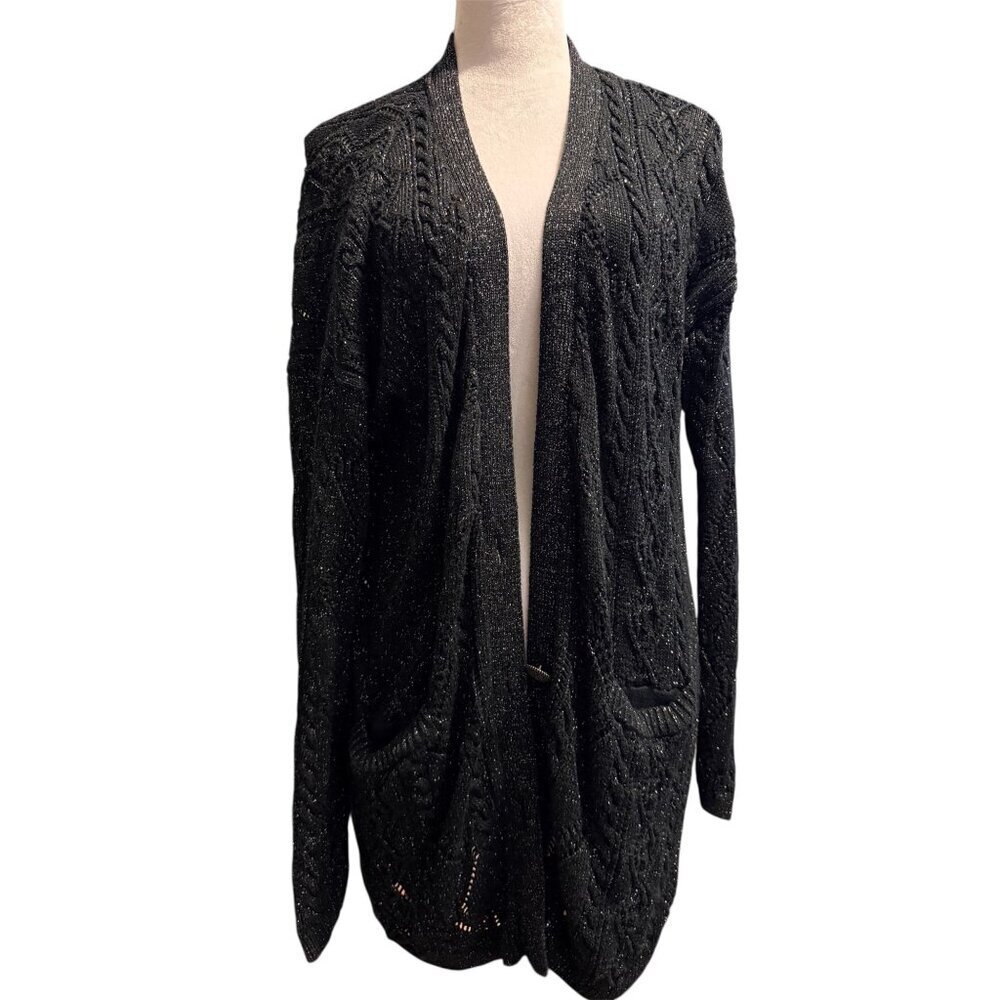 Free People New Romantics Bang Bang Black & Metallic Knit Cardigan Size M (FLAW)